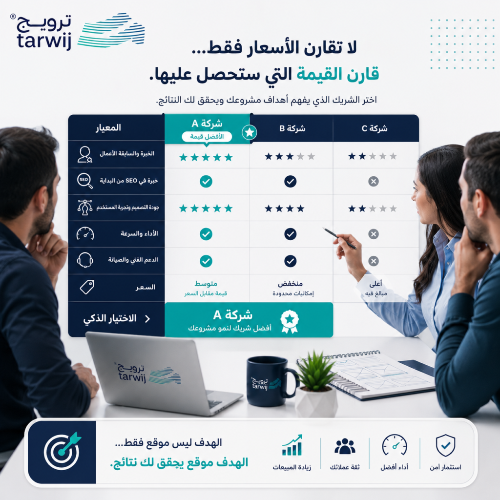 مقارنة شركات تصميم المواقع حسب الخبرة وSEO والتصميم والأداء والدعم والسعر