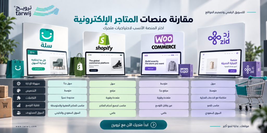 مقارنة بين سلة وشوبيفاي وووكومرس وزد لاختيار منصة المتجر الإلكتروني