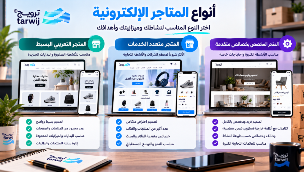 أنواع المتاجر الإلكترونية والفرق بين المتجر البسيط والمتجر متعدد المنتجات والمتجر المخصص