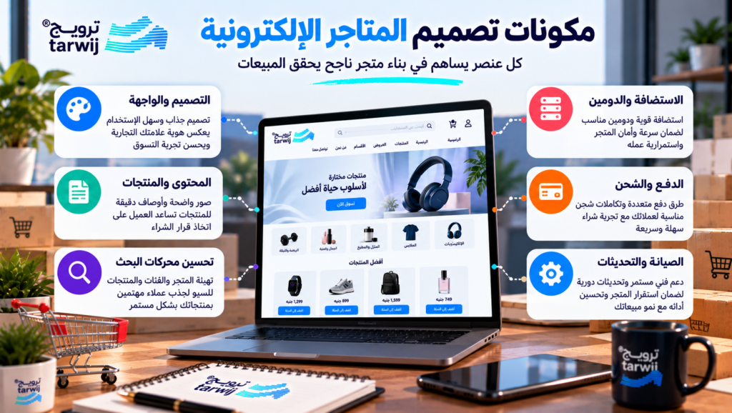 مكونات تصميم المتاجر الإلكترونية من واجهة المستخدم وصفحات المنتجات إلى الدفع والشحن وتحسين محركات البحث