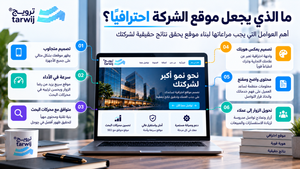 عوامل نجاح تصميم مواقع الشركات وتشمل توافق الهاتف وسرعة الموقع والسيو والمحتوى وتحويل الزوار إلى عملاء