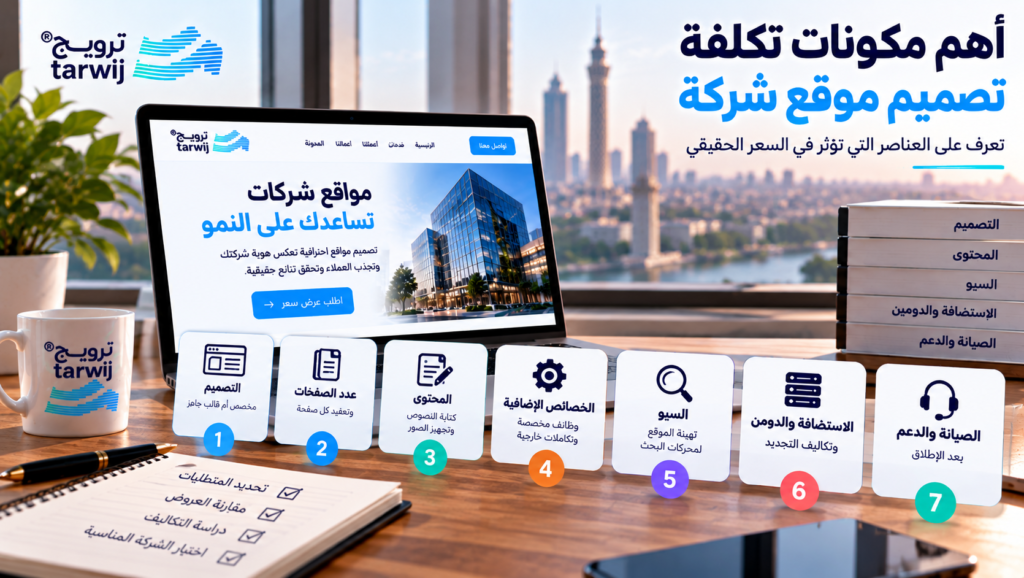 مكونات تكلفة تصميم موقع شركة وتشمل التصميم والمحتوى والسيو والخصائص الإضافية والاستضافة والصيانة