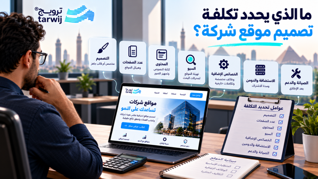العوامل التي تحدد تكلفة تصميم موقع شركة مثل التصميم وعدد الصفحات والمحتوى والسيو والاستضافة