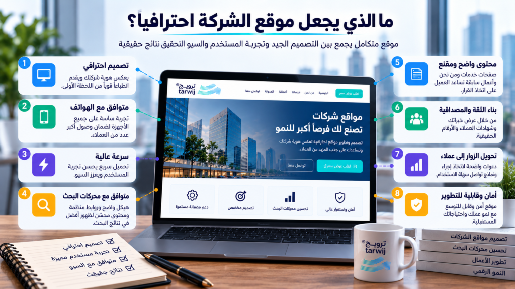 عوامل نجاح تصميم مواقع الشركات وتشمل التصميم المتجاوب وسرعة الموقع والسيو والمحتوى وبناء الثقة