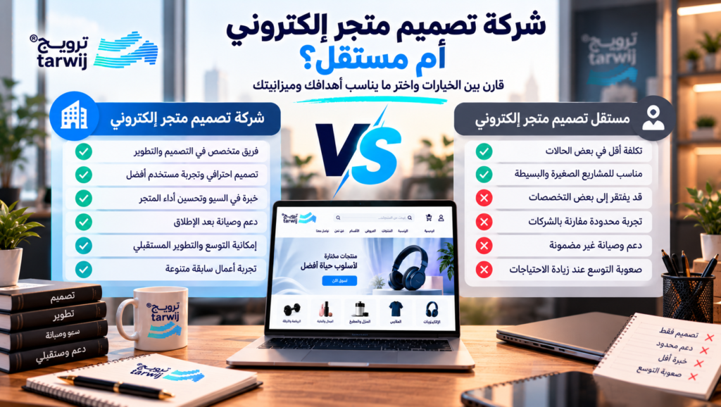 مقارنة بين شركة تصميم متجر إلكتروني ومستقل من حيث التكلفة والخبرة والصيانة والتوسع