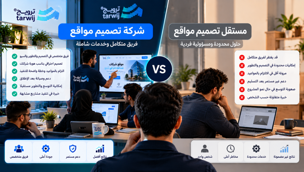 مقارنة بين شركة تصميم مواقع ومستقل من حيث الخبرة والخدمات والدعم والتكلفة