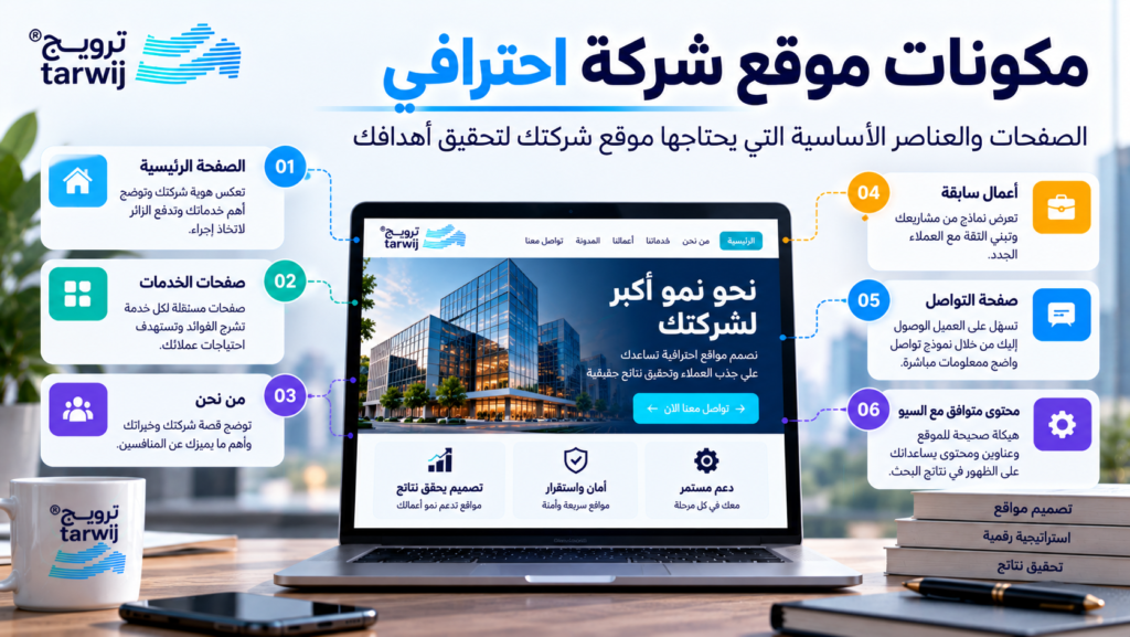 مكونات موقع شركة احترافي تشمل الصفحة الرئيسية والخدمات والأعمال السابقة والتواصل ومحتوى السيو