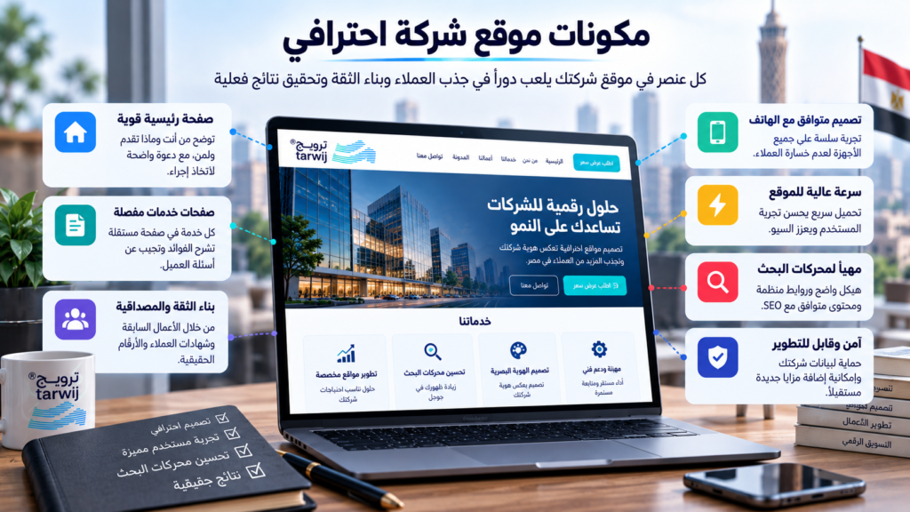 مكونات موقع شركة احترافي تشمل الصفحة الرئيسية والخدمات وتجربة المستخدم وتحسين محركات البحث